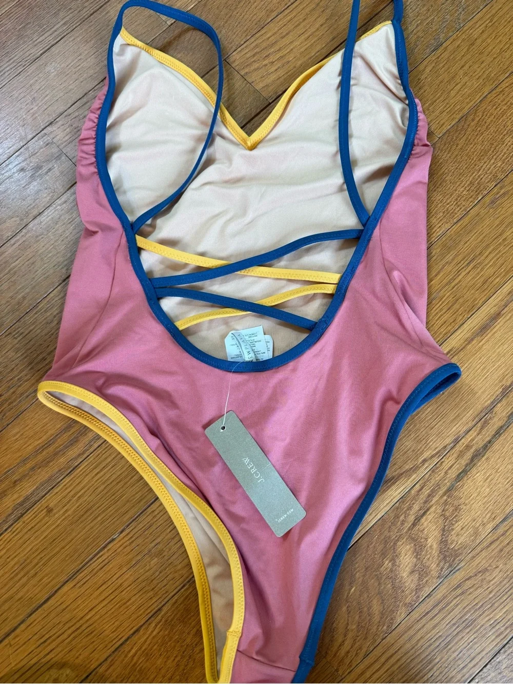 J. Crew Pink Swimsuit with Blue Straps and Yellow Accent